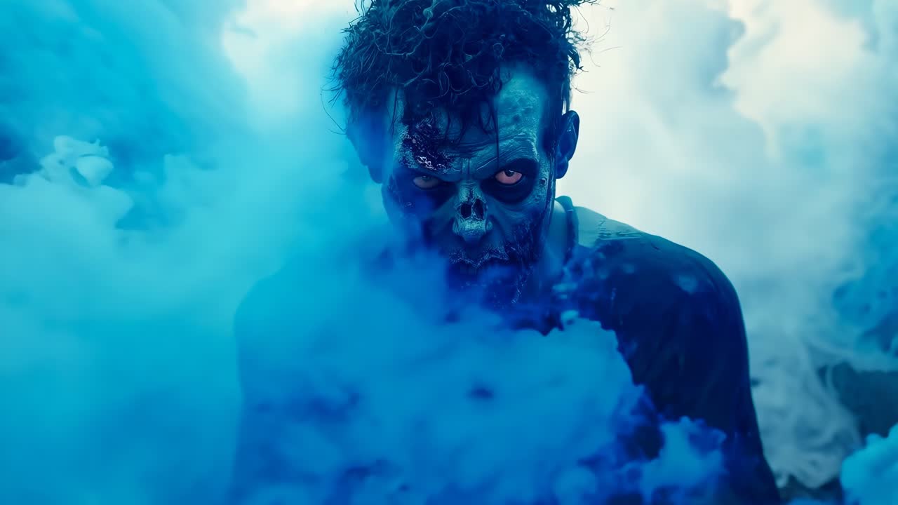 un hombre con una cara de zombi cubierta de humo azul