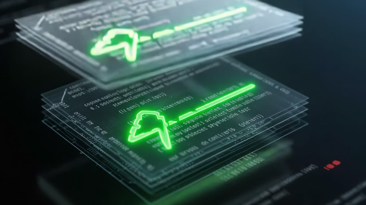 An Insightful Glimpse into Digital Data Visualization: Transparent Layers of Code Highlighting Innovative Green Graphical Elements