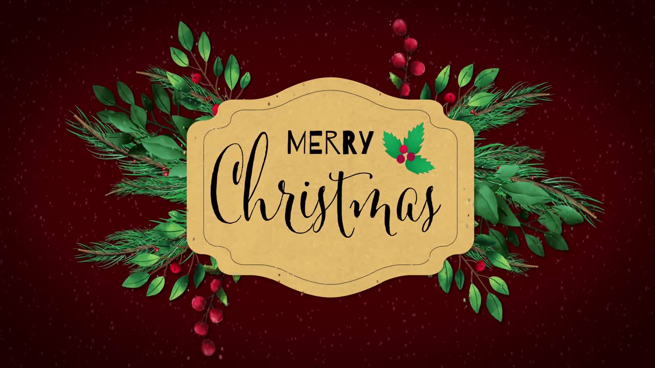 animación del texto de saludos de navidad con decoración en fondo rojo.