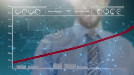 animation of businessman drawing red line over interactive screen with data processing