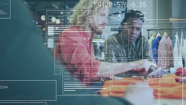 Animation of financial data processing over diverse business people in office