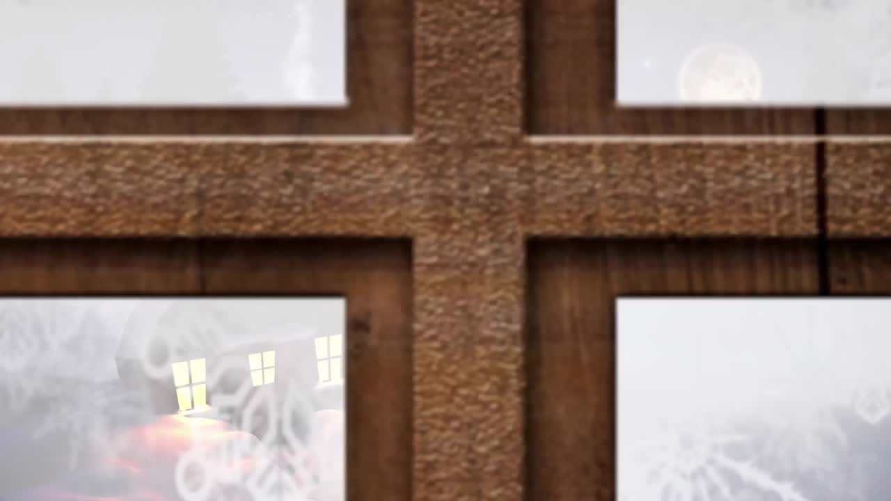 크리스마스 트리와 집이 창문으로 보이는 겨울 크리스마스 장면의 애니메이션