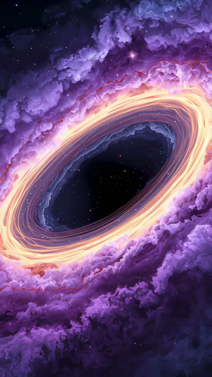 Vertical video: Zooming camera, glowing accretion ring rotating in space, exposing central void