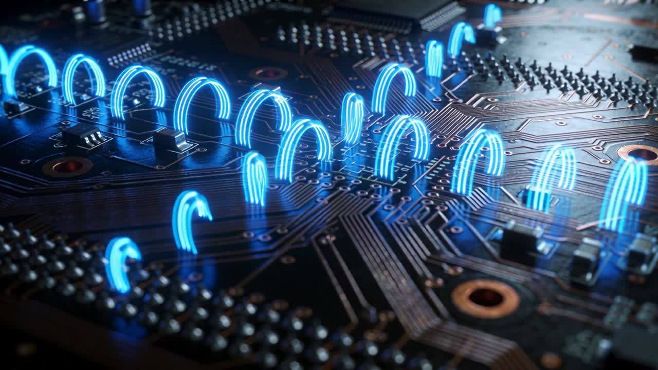 Vertical video: Starting frame sequence pulsing blue arcs above PCB traces, emphasizing copper vias