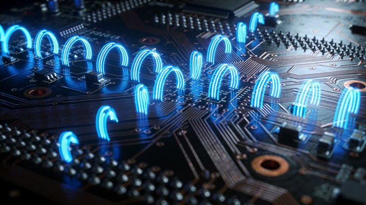 Vertical video: Starting frame sequence pulsing blue arcs above PCB traces, emphasizing copper vias