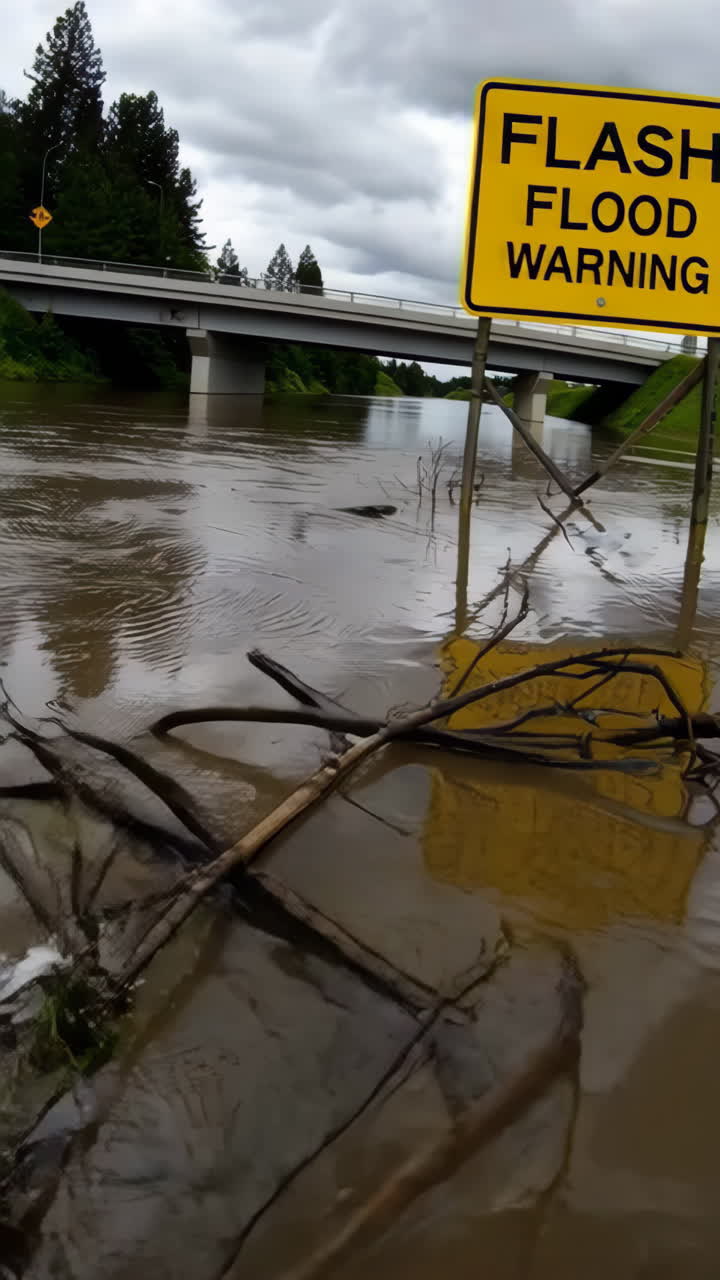 Flash Flood Warning Sign by a Swollen River