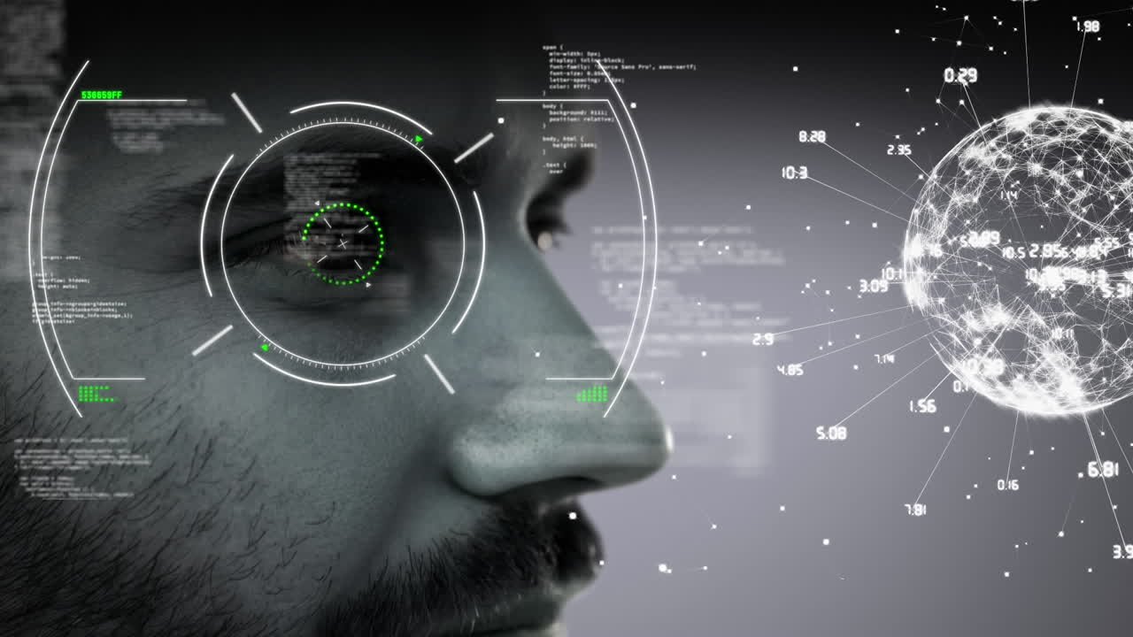 animación del escaneo de alcance, red de conexiones y procesamiento de datos sobre el hombre