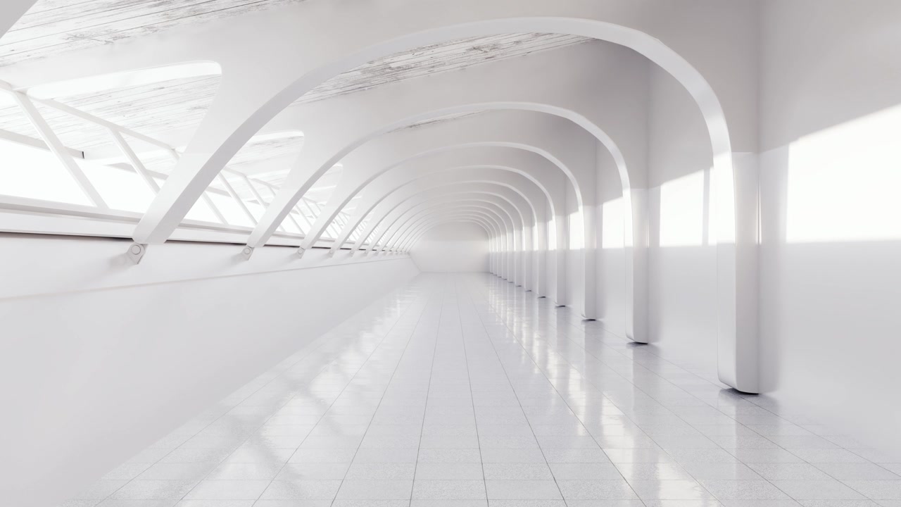 Corridoio moderno bianco vuoto con soffitto a volta e luce naturale.