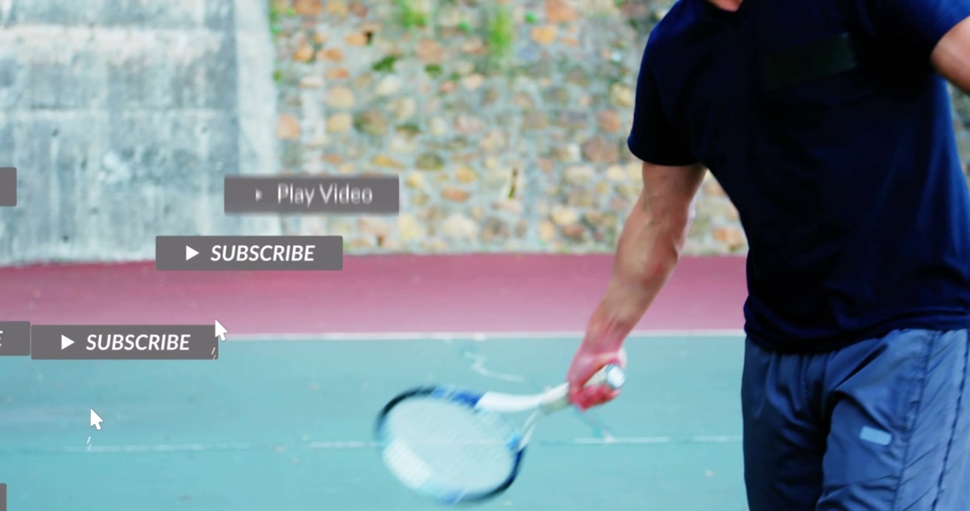 Mature man practicing on court, swinging racket and creating social media subs and liked alerts