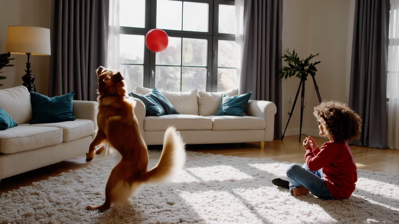 Child and Dog Playing Fetch in Living Room