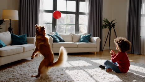 child and dog playing fetch in living room
