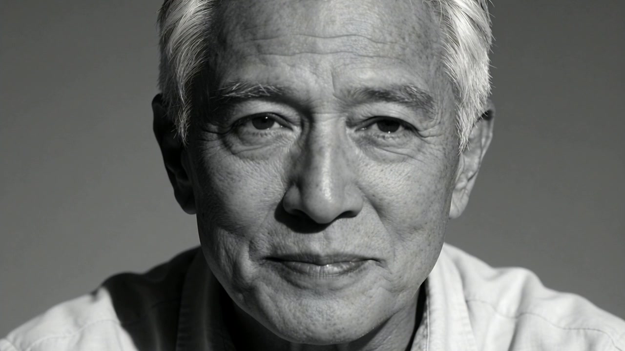Telecamera che riprende un anziano uomo asiatico che si sposta per sorridere per un ritratto, indossando una camicia con colletto sullo sfondo.