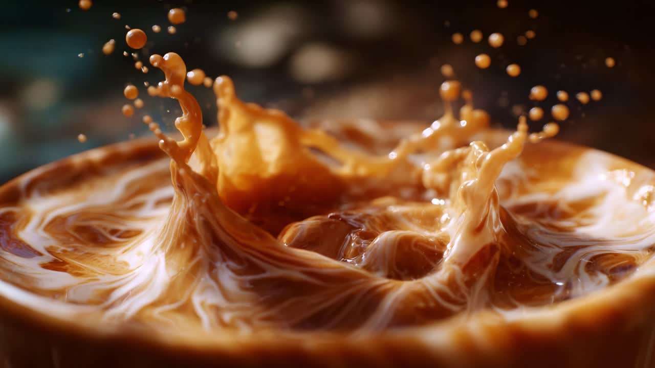 L'affascinante esplosione di crema al caffè: un viaggio visivo nella bellezza del latte che si mescola e del ricco caffè espresso in un movimento circolare e fluido