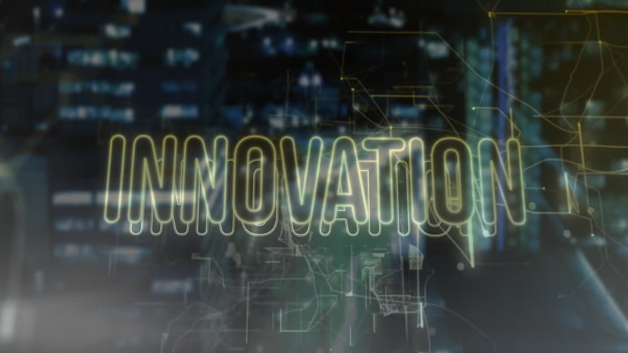 Animation of innovation text with network of connections over cityscape