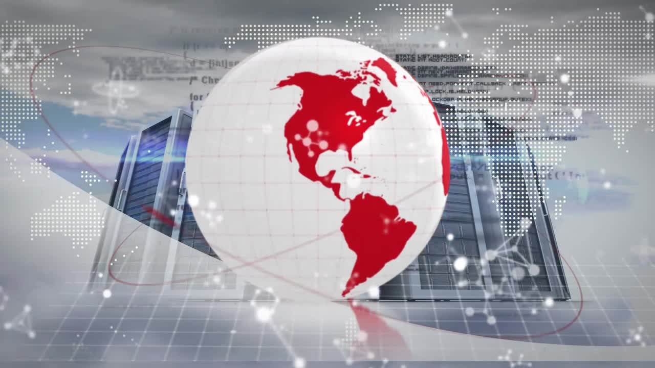 estructuras moleculares flotando sobre el globo giratorio y servidores de computadoras contra nubes en el cielo