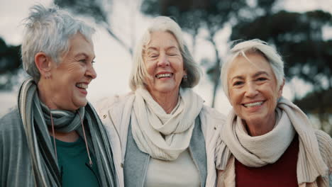 comic, laughing and senior woman friends outdoor