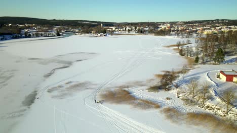 a family with a dog is walking on a frozen lake on a cold sunny day