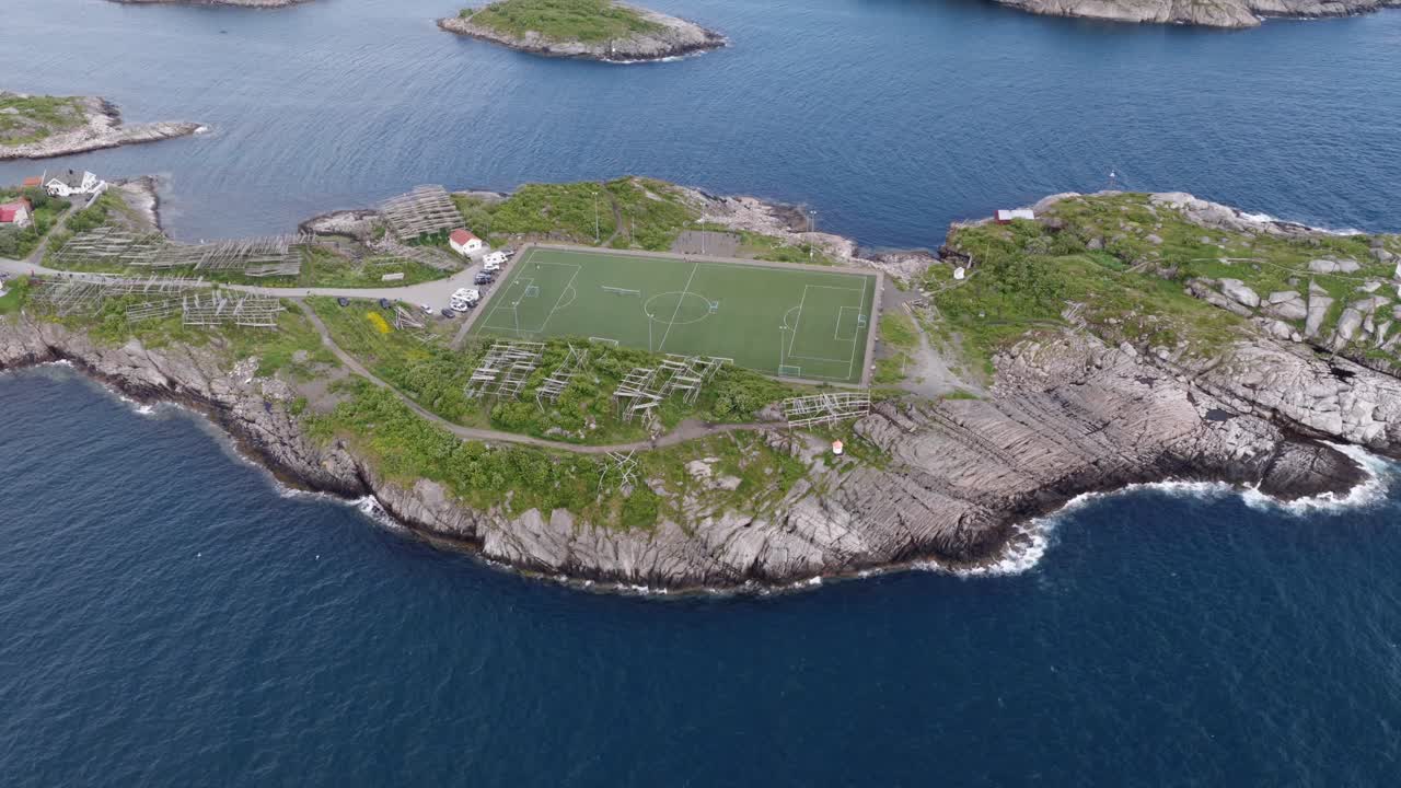 Drone shot of Henningsvaer in Lofoten Islands in Norway during summer 4k