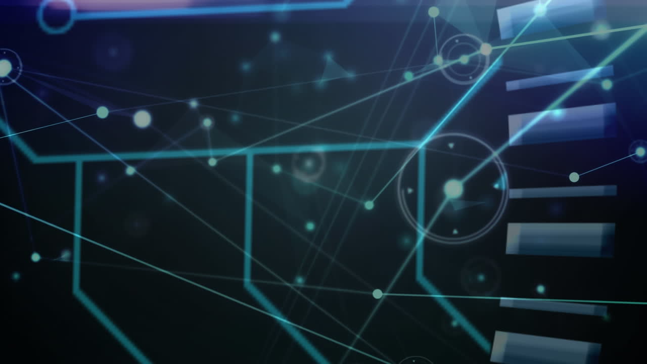 Animation of networks of connections over blue shapes on black background