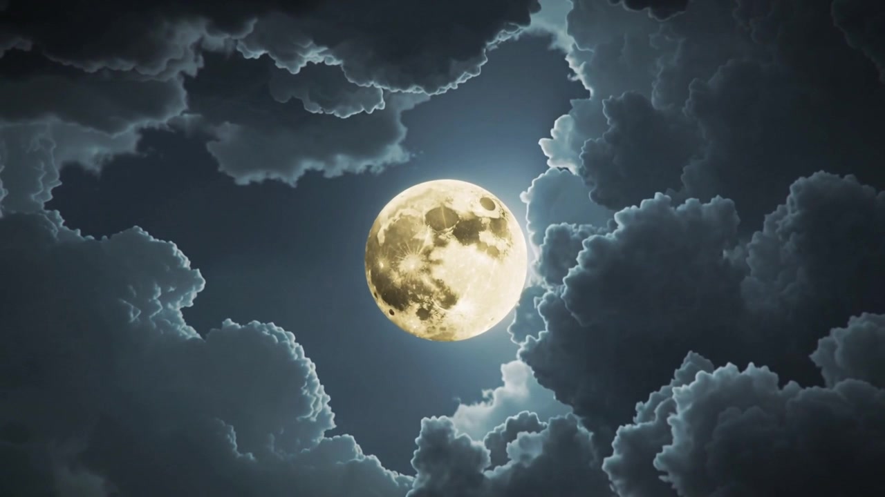 Bordas das nuvens se afastando, lua cheia se movendo para o centro à noite com um halo de nuvens iluminado