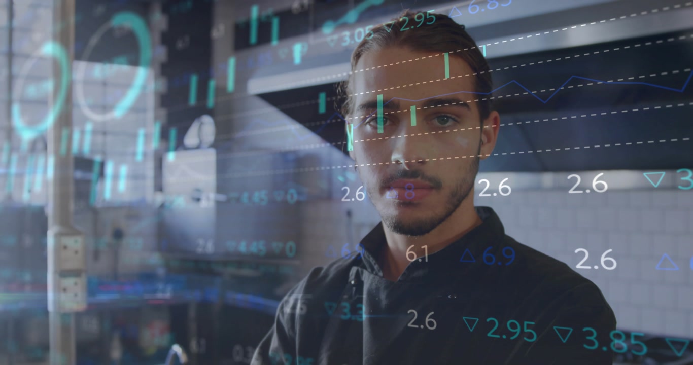 Finance UI appearing chef moving from arms crossed to facing cam charts scrolling showing profit