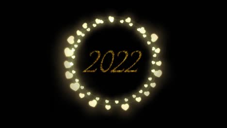 Animation-of-2022-text-in-gold-with-new-year-celebration-heart-fairy-lights-on-black-background