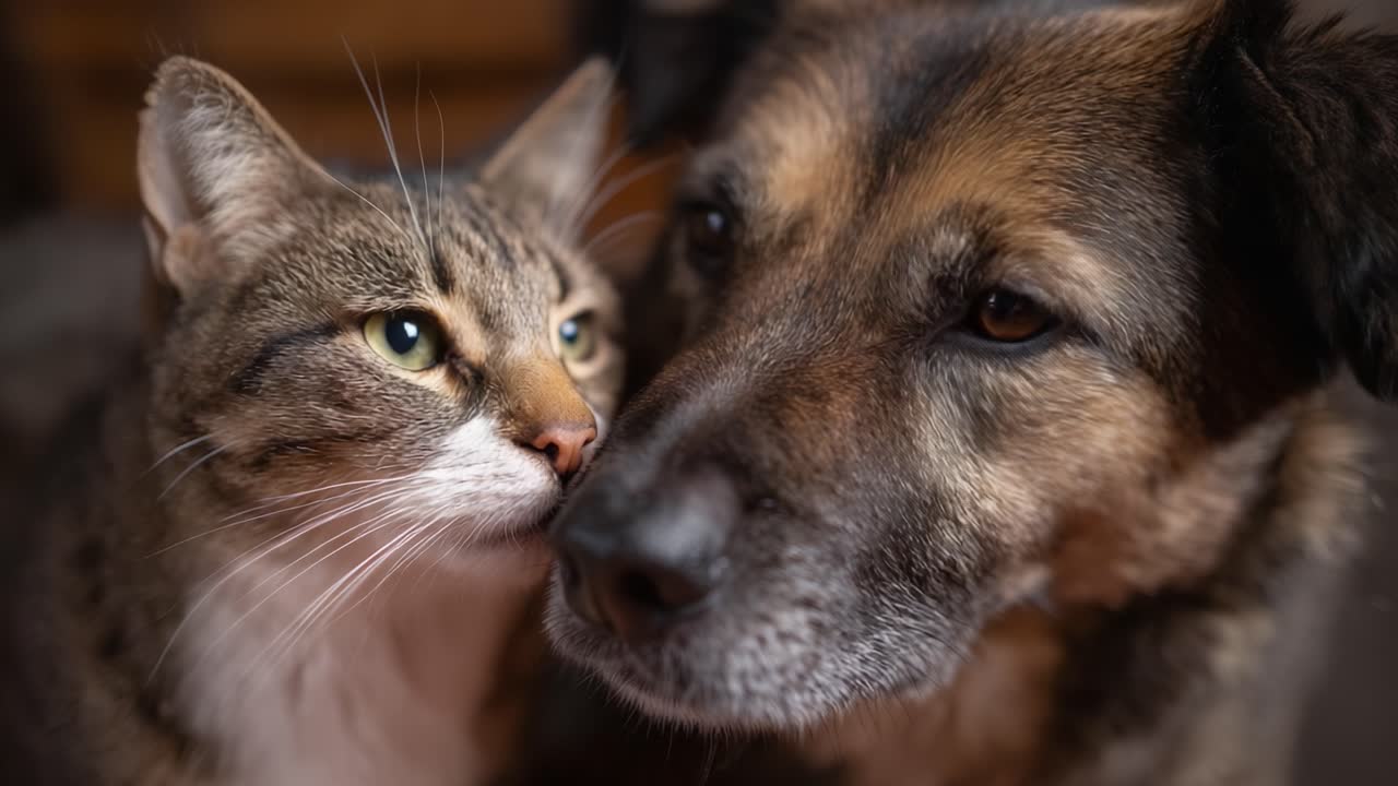 Un momento toccante tra un gatto e un cane che mostrano il loro affetto e la loro amicizia in primo piano. Un'illustrazione perfetta del legame tra specie diverse