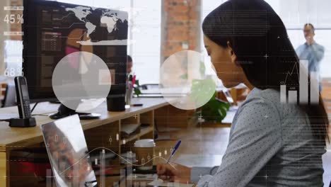 Animation-of-statistical-data-processing-over-biracial-woman-taking-notes-using-computer-at-office