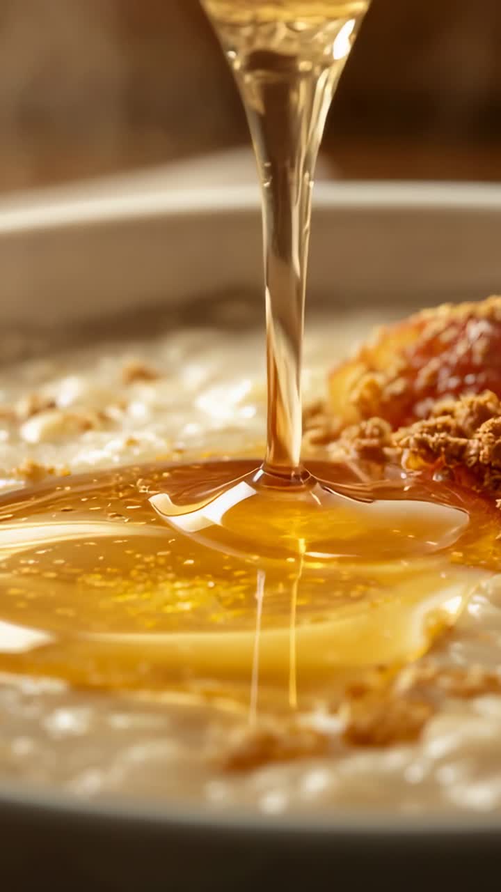 Video verticale: barattolo inclinato che versa miele in una ciotola di farina d'avena sul bancone, con granola e frutta