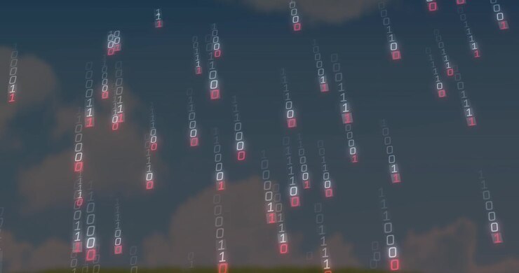 Binary clusters spawning high and falling in glowing streams, visualizing data rain over horizon