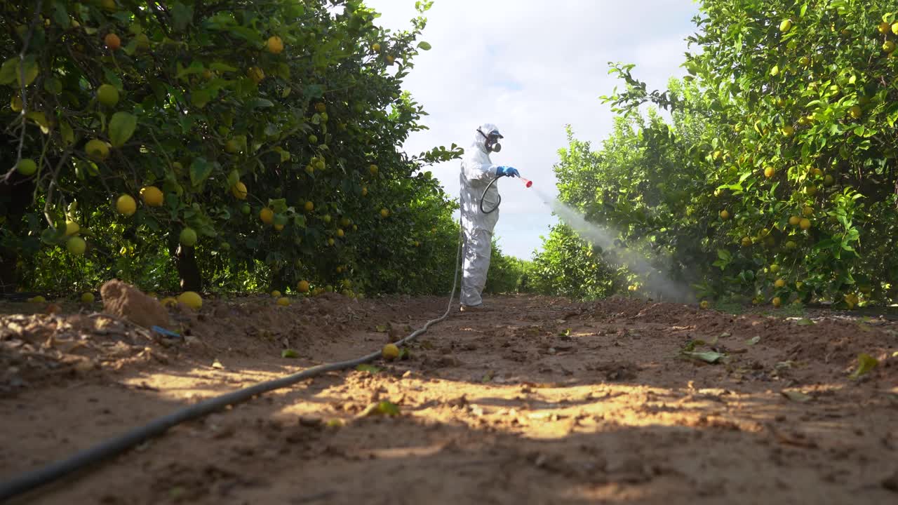 agricultor en ropa protectora rociar pesticidas