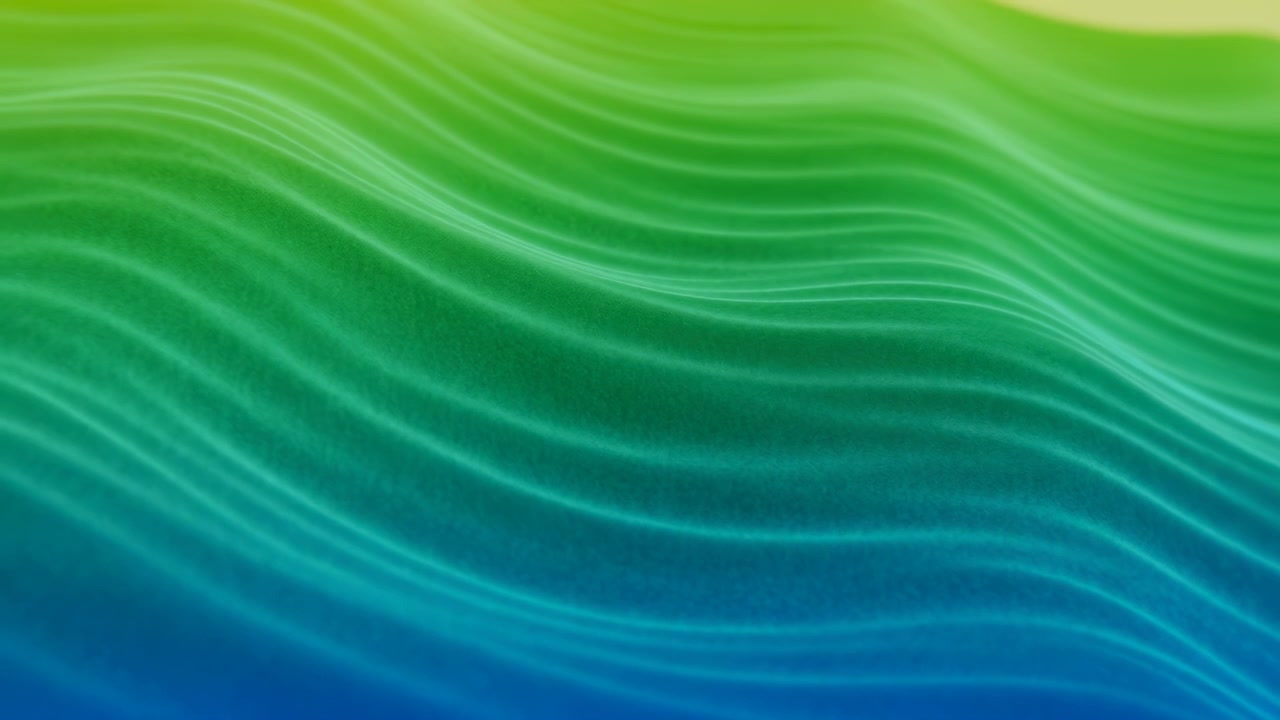 Smooth layered wave-like lines sweep across a green, teal, and blue gradient background with soft light, creating a calm modern abstract backdrop