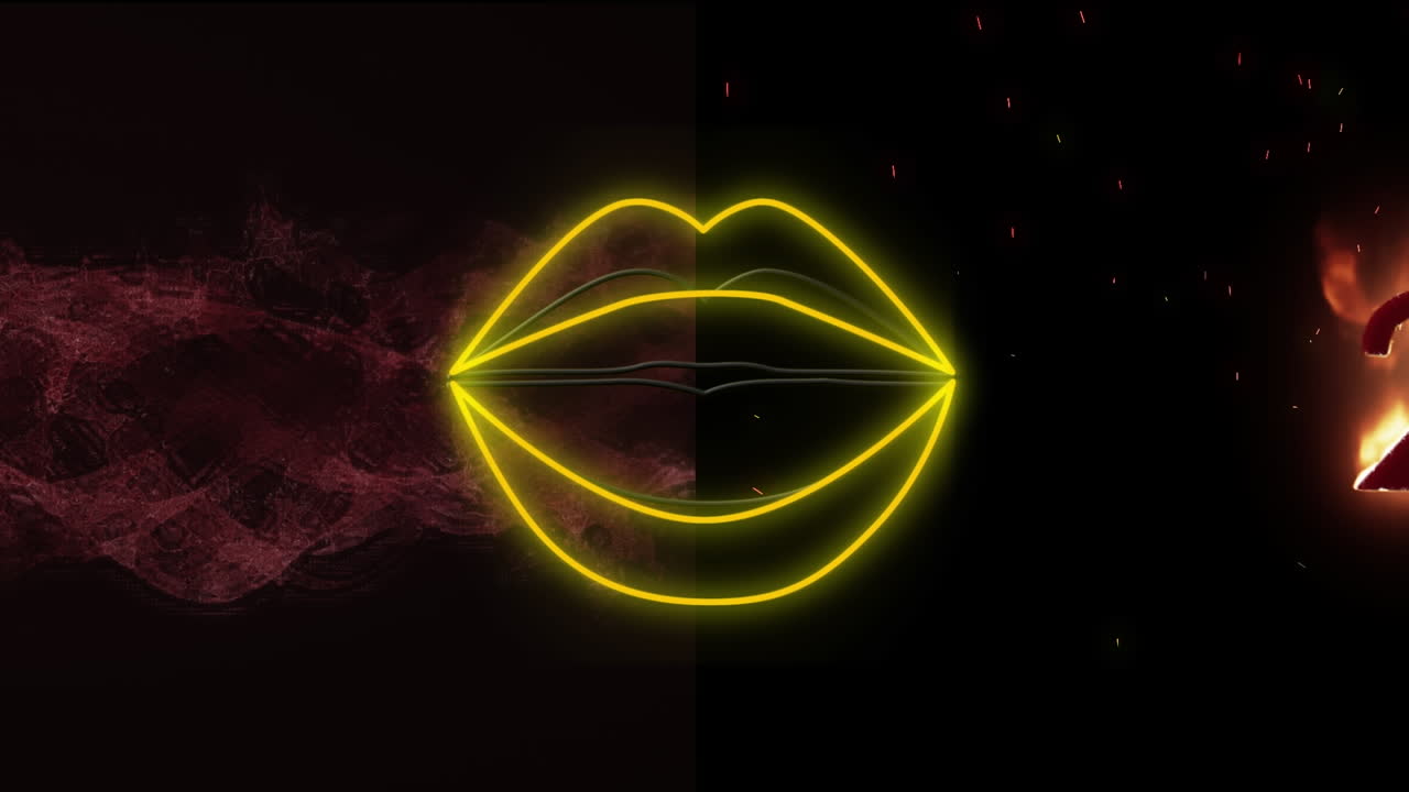 Animazione di bocca al neon e lettere infuocate su sfondo nero con fumo.