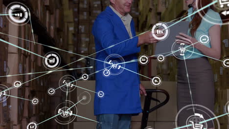 animation of network of connections over warehouse workers