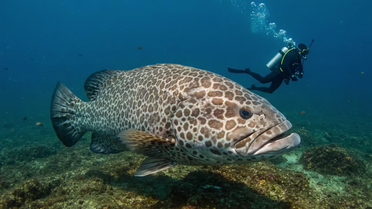 A Diver's Encounter with a Majestic Grouper: Exploring the Underwater World of Marine Life and Vibrant Ecosystems Beneath the Surface