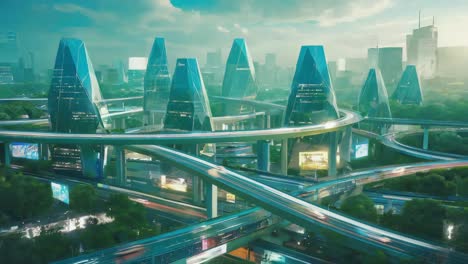 futuristic cityscape with elevated highways and modern skyscrapers