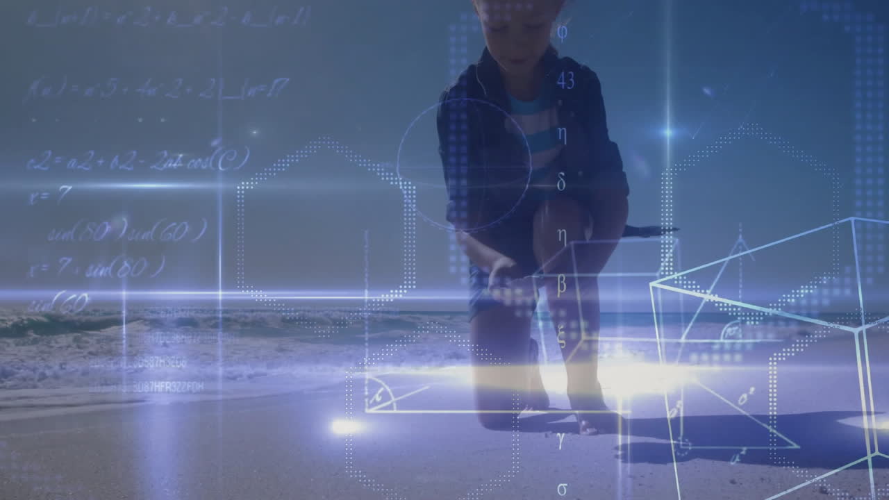woman kneeling on beach, exploring holographic geometry and math equations in education technology