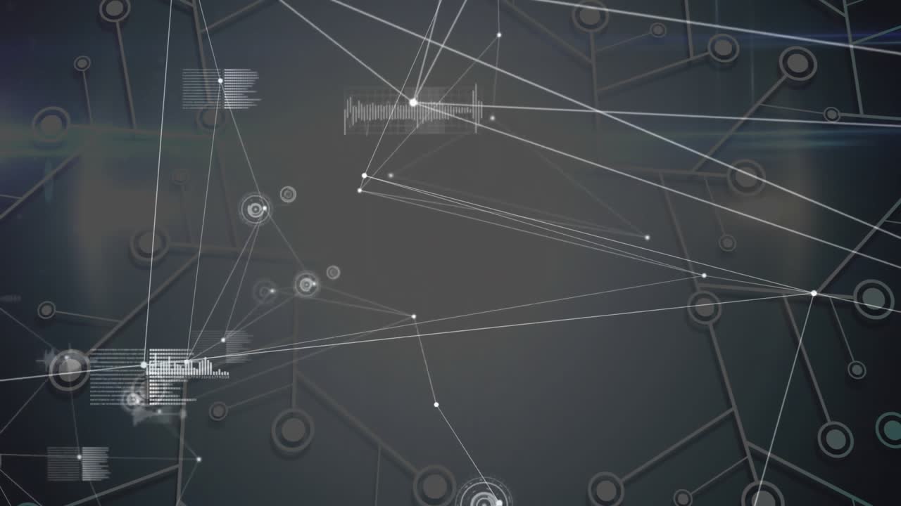 On hex grid fading in, white nodes connecting, animating HUD graphs showcasing network data flow