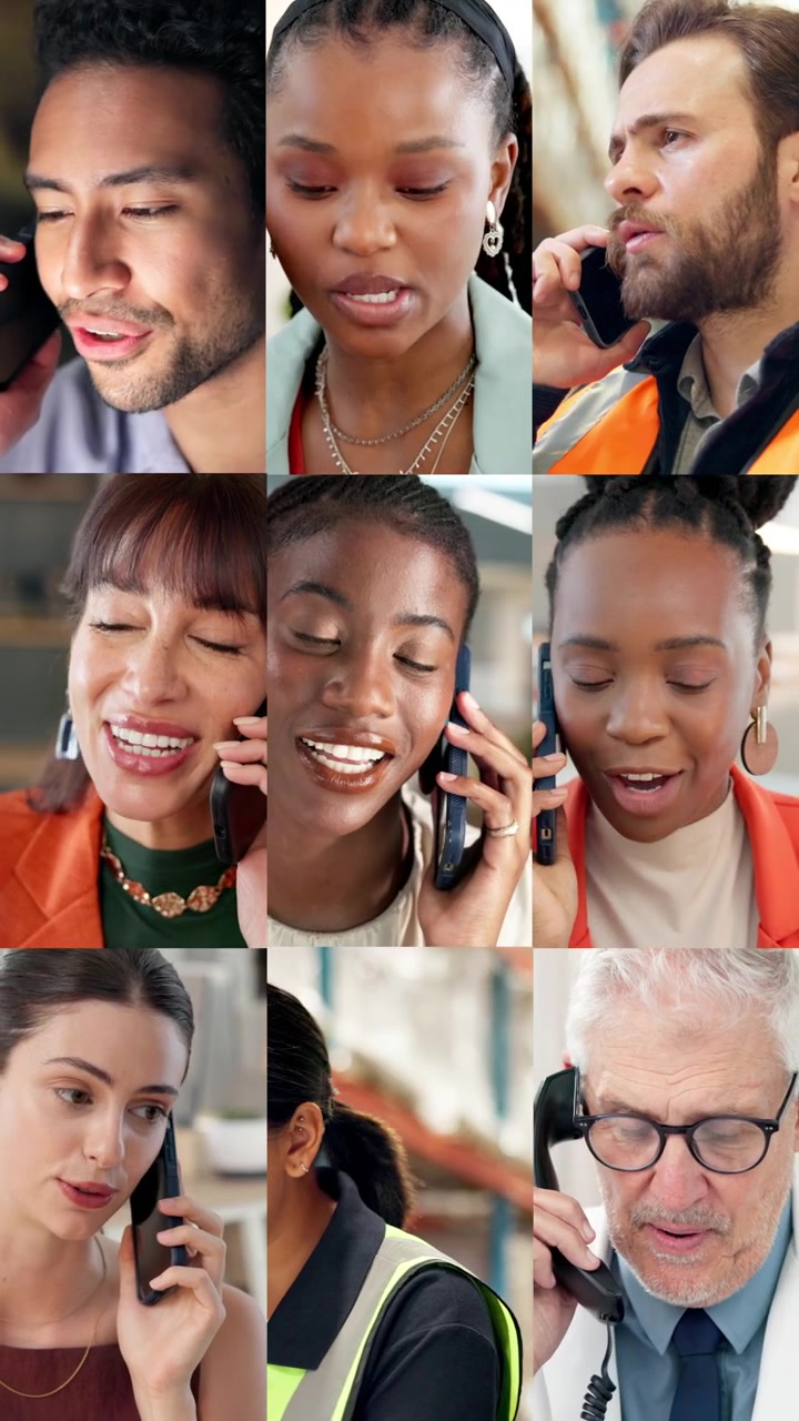 Gruppo eterogeneo di professionisti che parlano al telefono cellulare