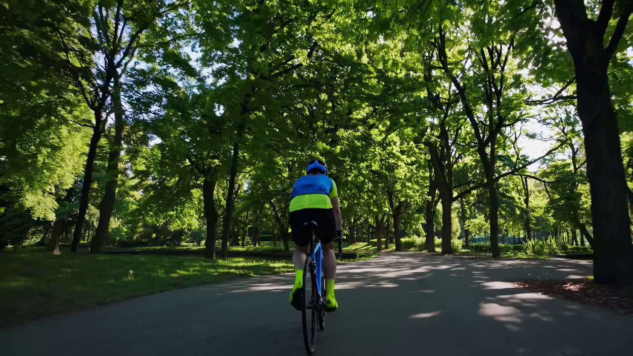 A dynamic video captures a cyclist from a low rear angle, riding through a sunlit park with lush