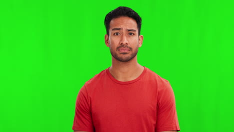 Confused, doubt and question with a man on a green