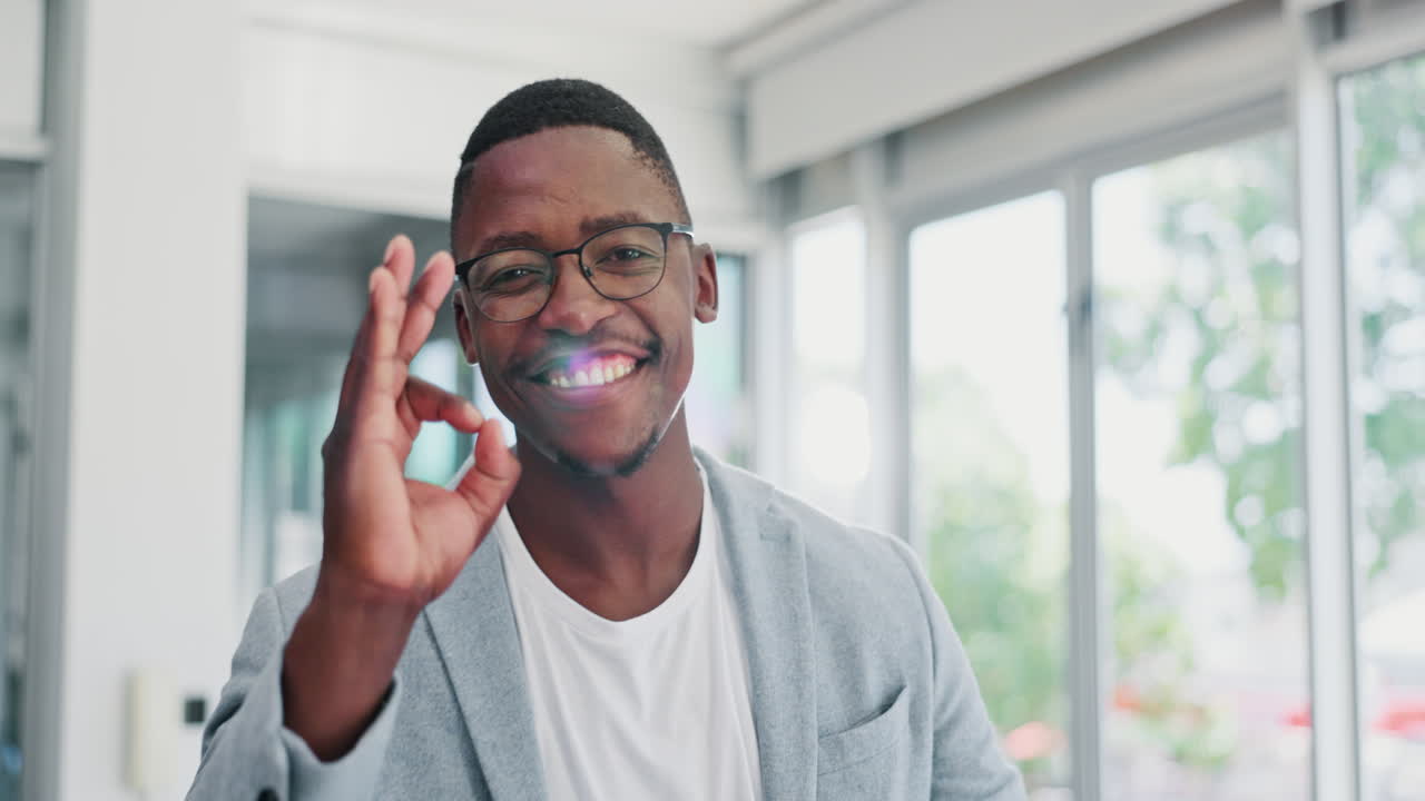 Face, hand and ok with a business black man