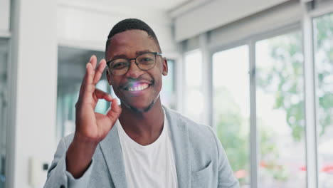 Face,-hand-and-ok-with-a-business-black-man