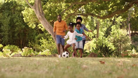 cute family is playing football in a park