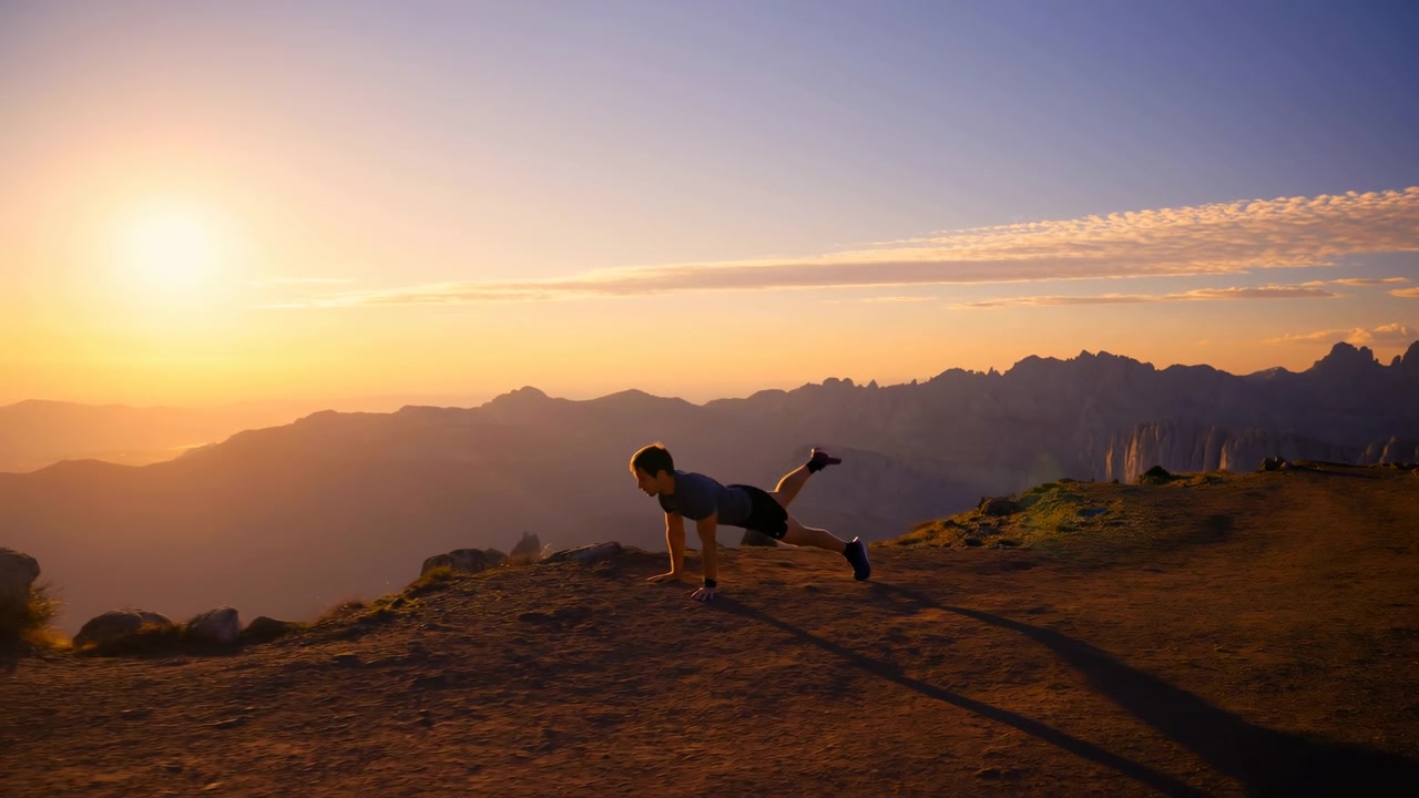 Un uomo atletico solitario si accovaccia su una cresta rocciosa di montagna durante la calda luce dell'alba, con una lunga ombra, cielo blu limpido, valli nebbiose, cime distanti, primo piano di terra ruvida e un'atmosfera calma e impegnativa.
