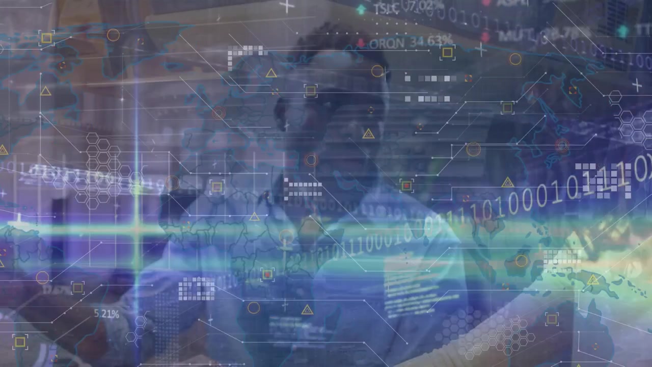 Animation of data processing and world map over diverse business people in office