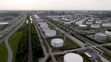 oil refinery in lake charles, louisiana with wide shot drone video panning left to right