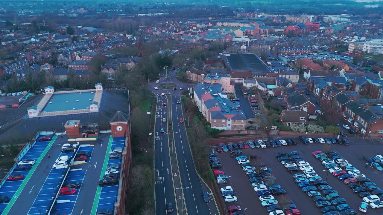 Packed parking of shopping center in the United Kingdom Bury St Edmunds town Suffolk aerial drone
