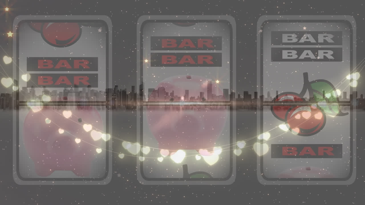 카지노 슬롯 머신 위에서 빛나는 심장 모양의 요정 불빛의 애니메이션과 도시 풍경의 전망