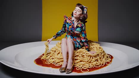 woman sitting on a mountain of spaghetti